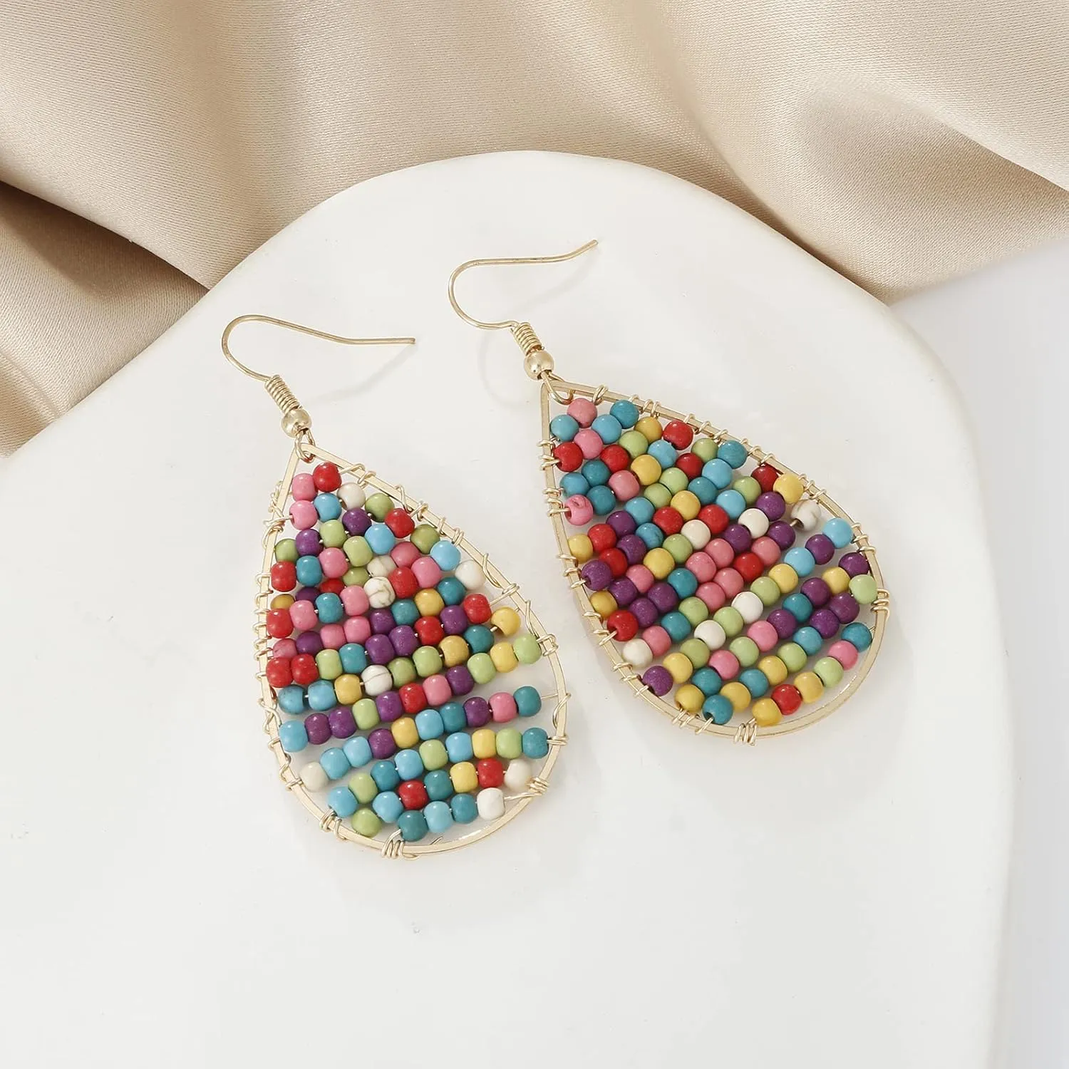 Turquoise Teardrop Earrings, Boho Colorful Beads Gold Hoop Earrings for Women Bohemian Jewelry