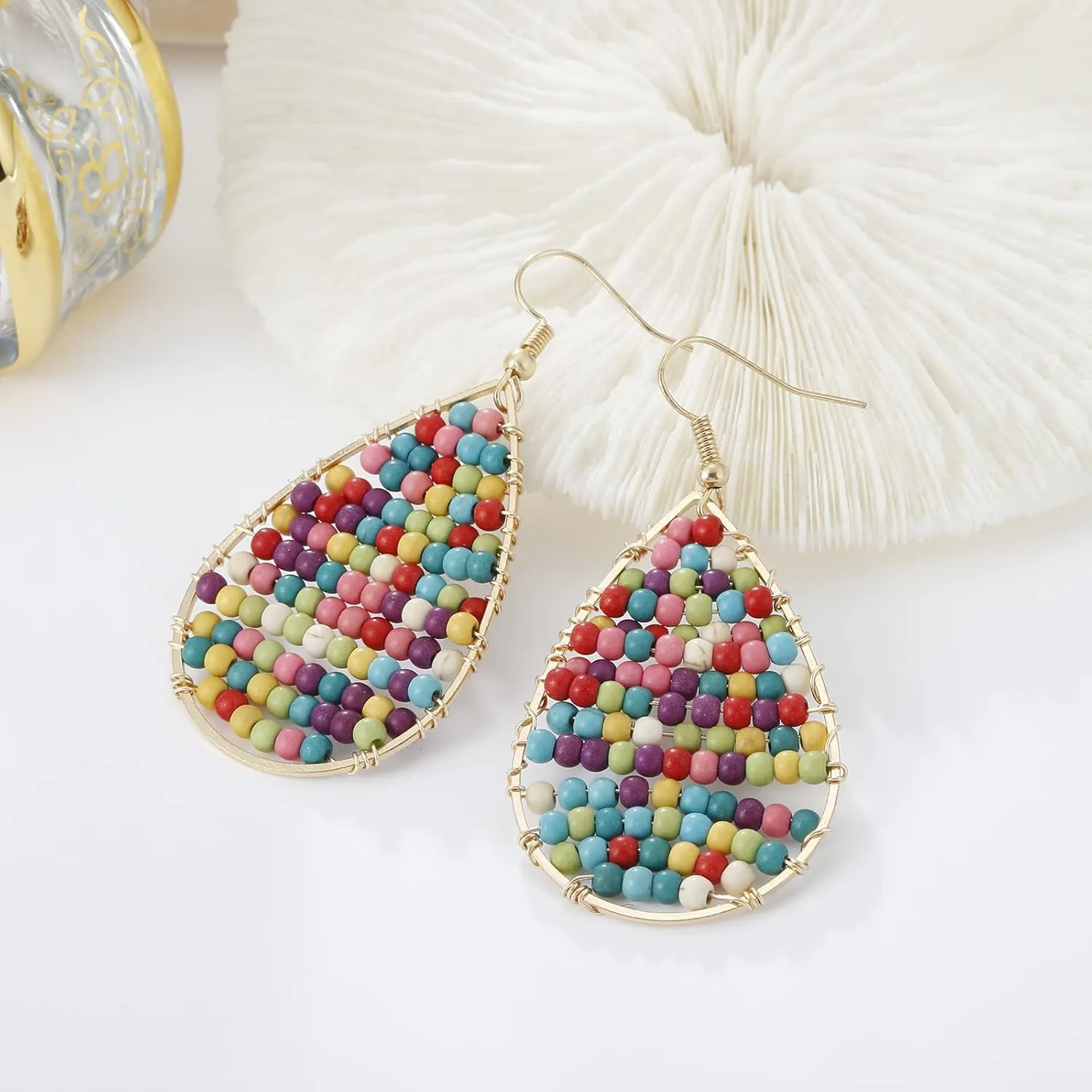 Turquoise Teardrop Earrings, Boho Colorful Beads Gold Hoop Earrings for Women Bohemian Jewelry