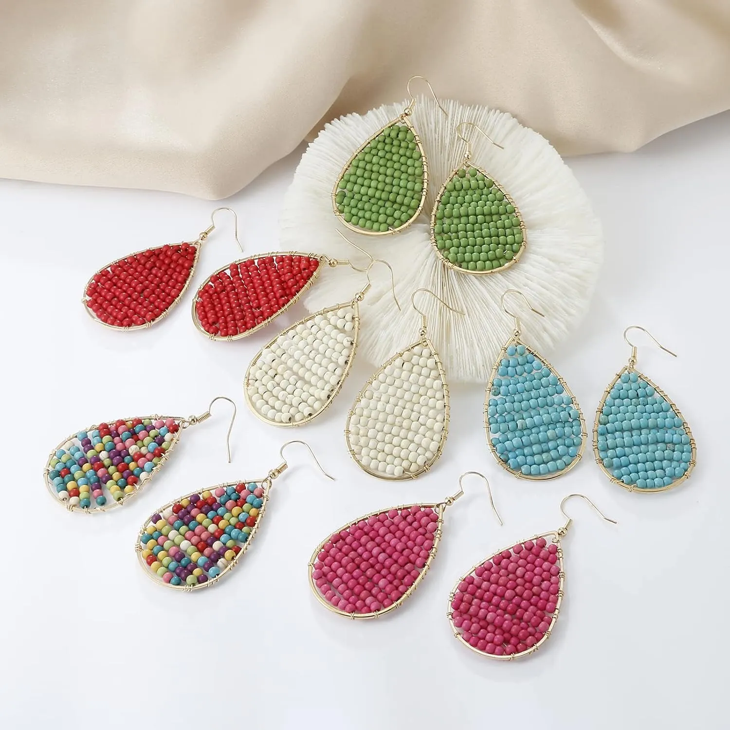 Turquoise Teardrop Earrings, Boho Colorful Beads Gold Hoop Earrings for Women Bohemian Jewelry
