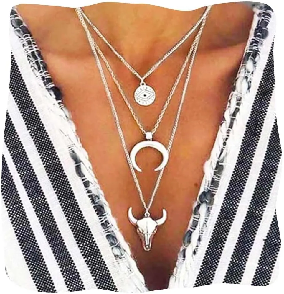 TWINKLEDE Layered Western Necklace Jewelry Cowgirl Silver Boho Evil Eye Bull Head Necklaces for Women