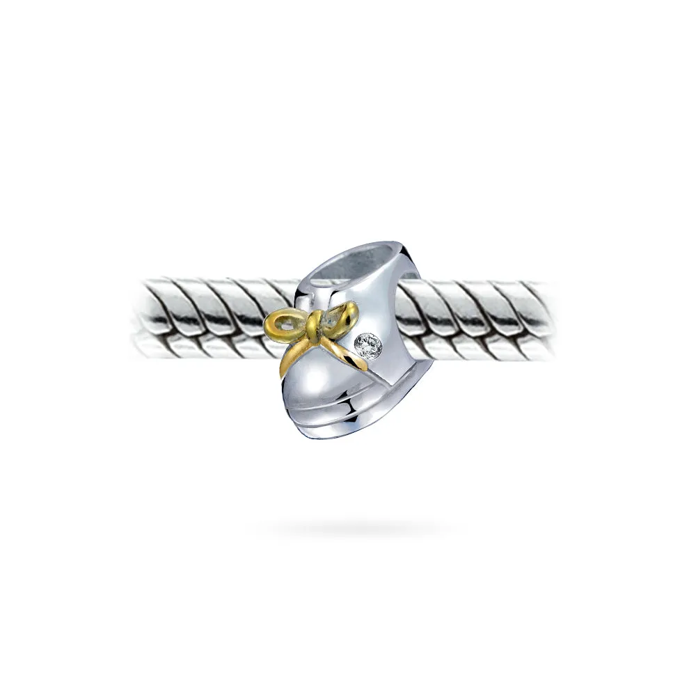 Two Tone Baby Shoe Charm Bead 14K Gold Plated Silver for European Bracelet
