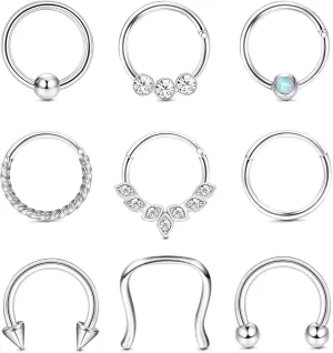 UBGICIG 9PCS 16G Septum Rings Daith Earrings Hoop Nose Rings Horseshoe Stainless Steel Septum jewelry For Women Helix Tragus Lip Cartilage Earrings 8MM 10MM