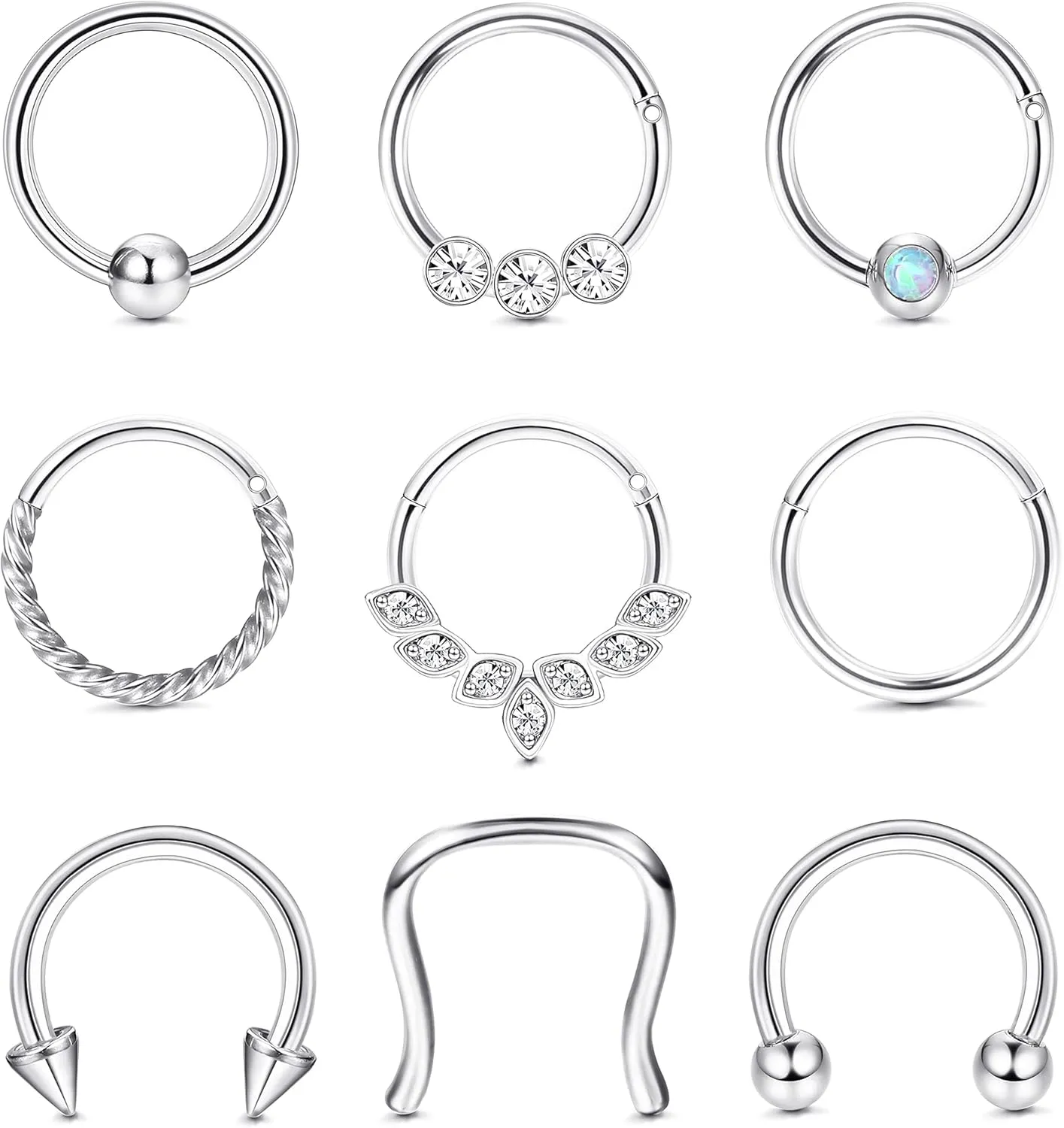 UBGICIG 9PCS 16G Septum Rings Daith Earrings Hoop Nose Rings Horseshoe Stainless Steel Septum jewelry For Women Helix Tragus Lip Cartilage Earrings 8MM 10MM