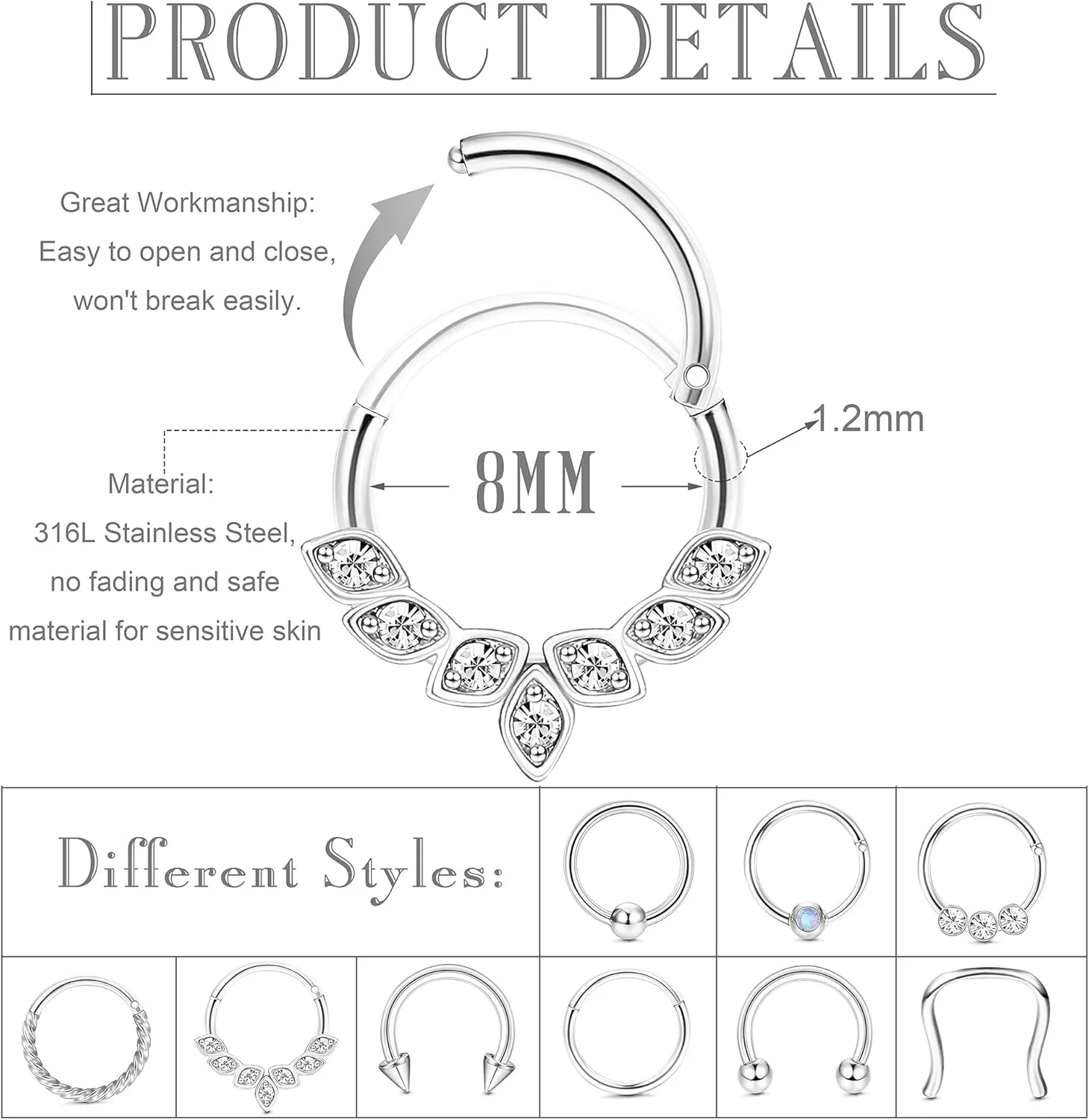 UBGICIG 9PCS 16G Septum Rings Daith Earrings Hoop Nose Rings Horseshoe Stainless Steel Septum jewelry For Women Helix Tragus Lip Cartilage Earrings 8MM 10MM