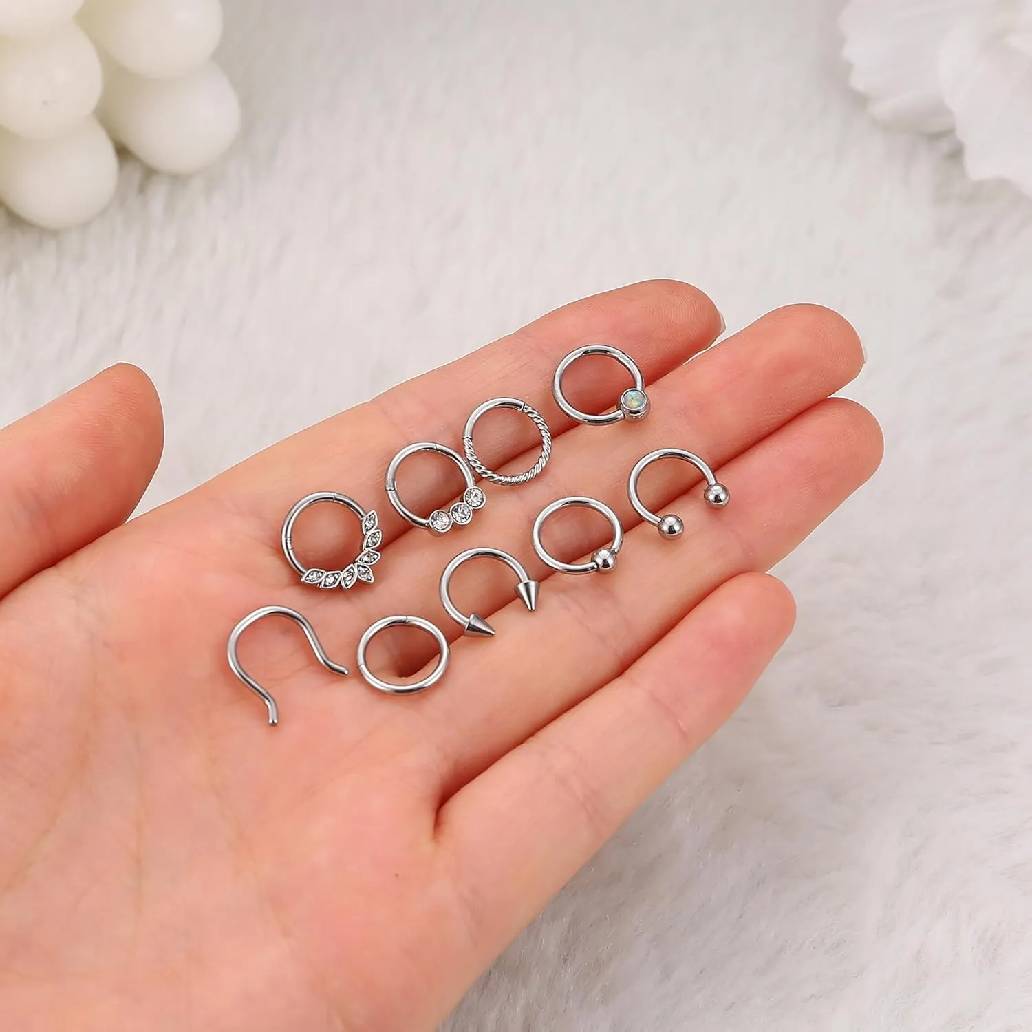 UBGICIG 9PCS 16G Septum Rings Daith Earrings Hoop Nose Rings Horseshoe Stainless Steel Septum jewelry For Women Helix Tragus Lip Cartilage Earrings 8MM 10MM