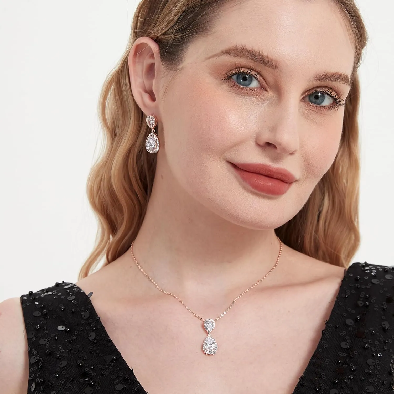 UDYLGOON Elegant Bride Bridesmaid Teardrop Necklace Earrings Set Cubic Zirconia Wedding Prom Jewelry Set