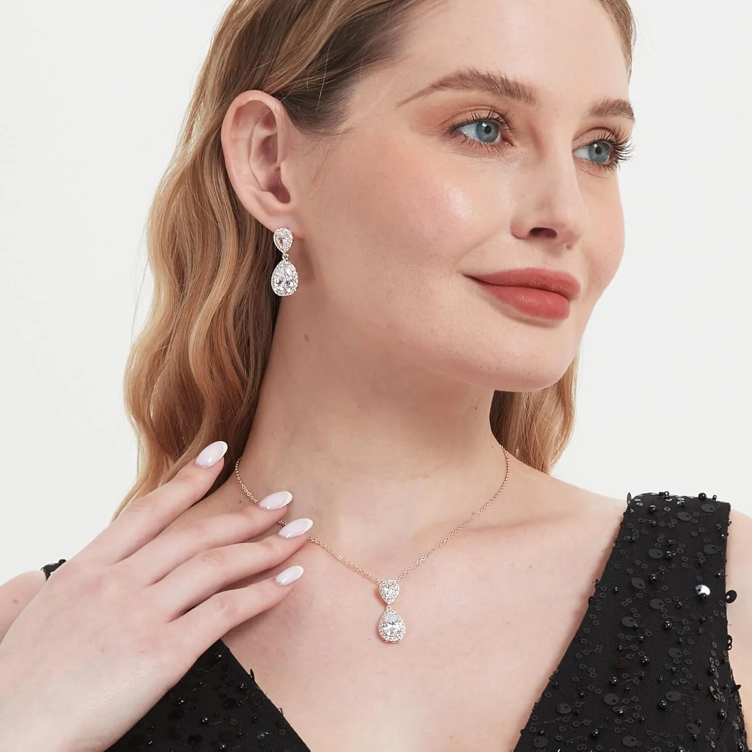 UDYLGOON Elegant Bride Bridesmaid Teardrop Necklace Earrings Set Cubic Zirconia Wedding Prom Jewelry Set