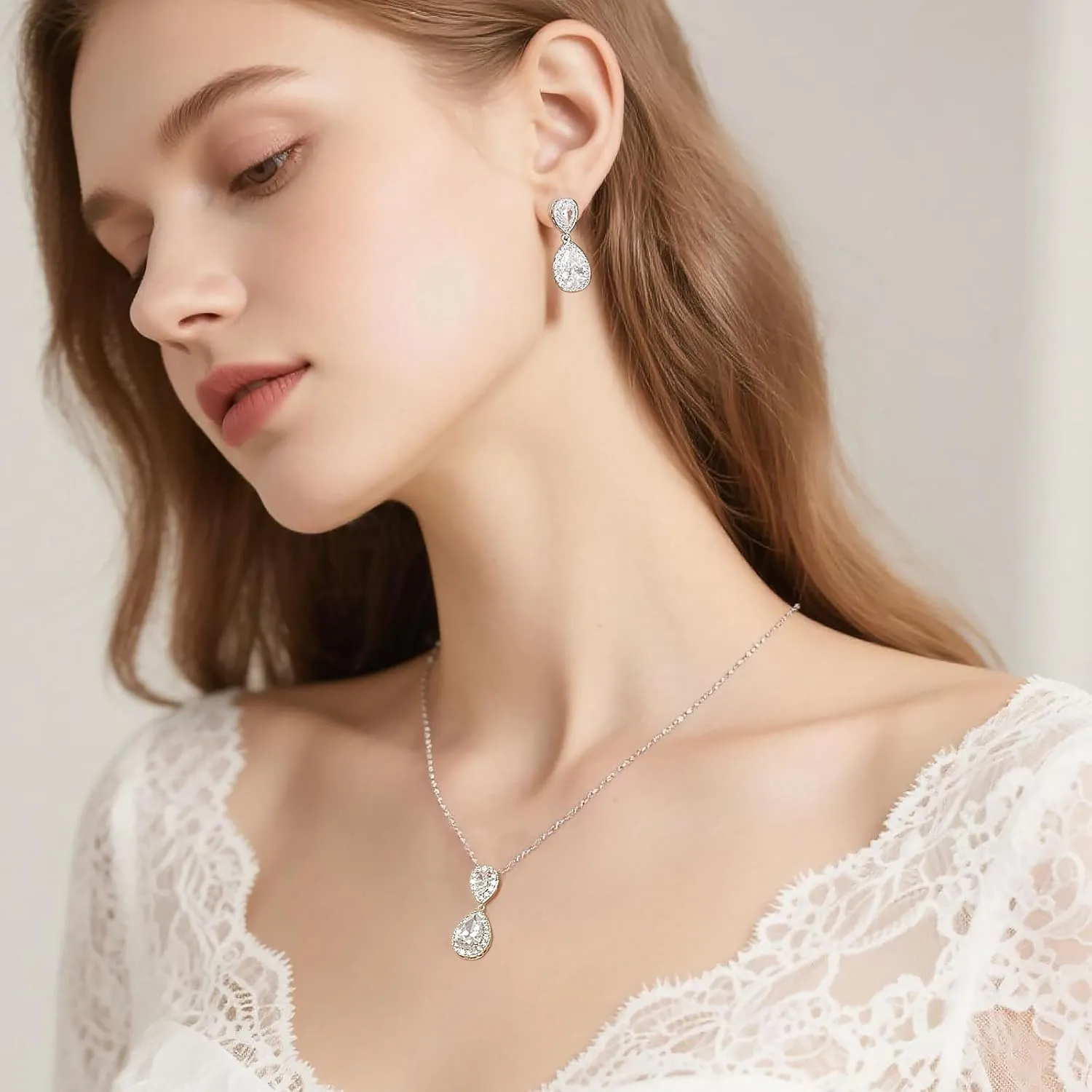 UDYLGOON Elegant Bride Bridesmaid Teardrop Necklace Earrings Set Cubic Zirconia Wedding Prom Jewelry Set