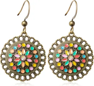 Unique Handmade Bohemian Bronze Tribal Hoop Spiral Earring Dainty Chic Vintage Gold Silver Colorful Round Circle Geometry Dangle Drop Earrings for Women Statement Jewelry Gifts