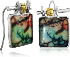 Unique Handmade Bohemian Enamel Vintage Silver Square Dangle Earrings Chic Colorful Green Gemstone Geometric Square Drop Earrings for Women Statement Jewelry