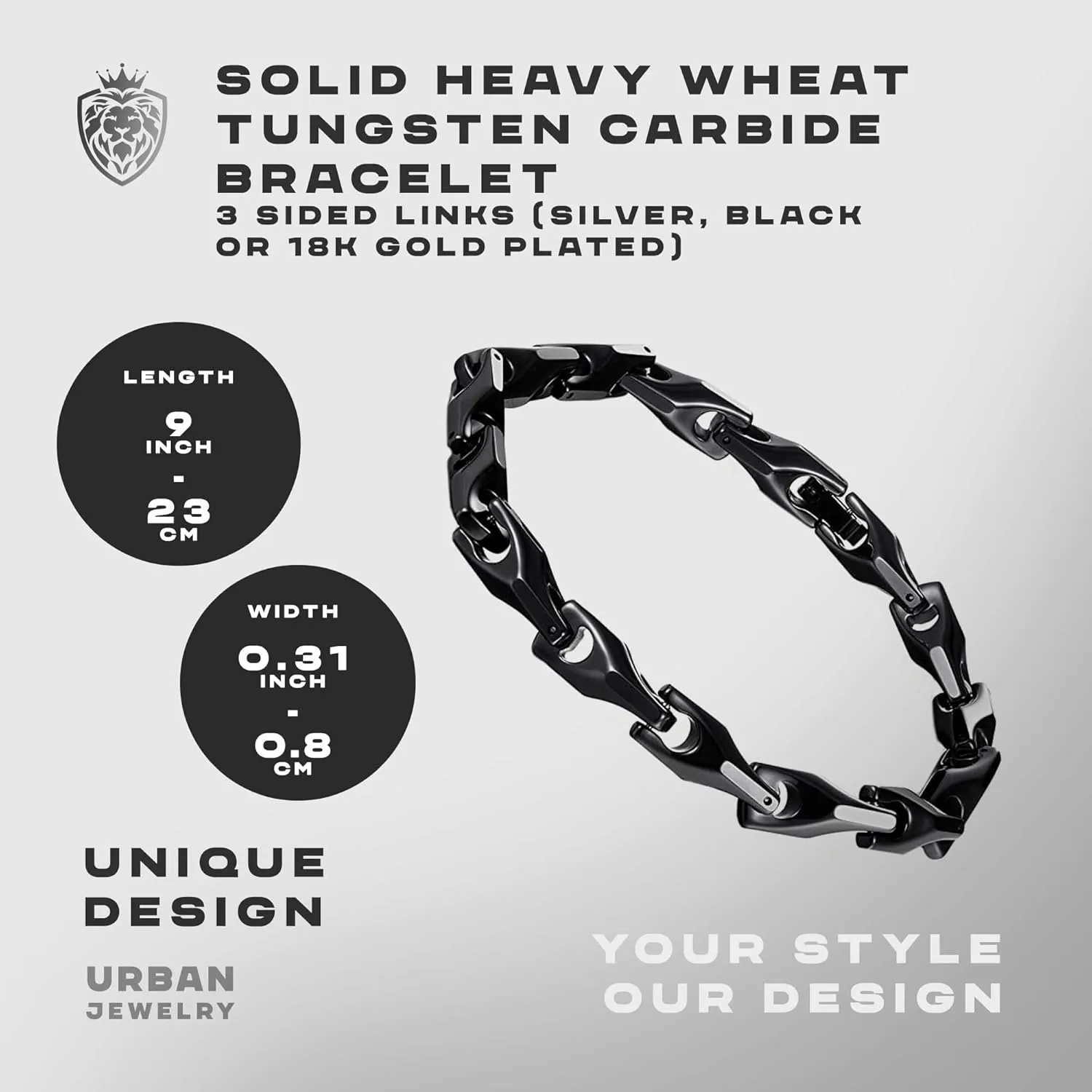 Urban Jewelry Unique Men's Solid Heavy Wheat Tungsten Carbide Bracelet that stands out - 3 Sided Links (Silver, Black or 18K Gold Plated) Smooth Finishing Touch