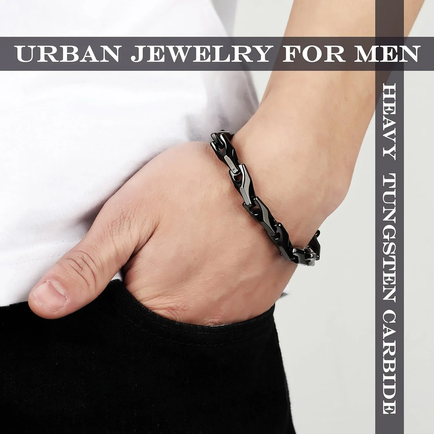 Urban Jewelry Unique Men's Solid Heavy Wheat Tungsten Carbide Bracelet that stands out - 3 Sided Links (Silver, Black or 18K Gold Plated) Smooth Finishing Touch