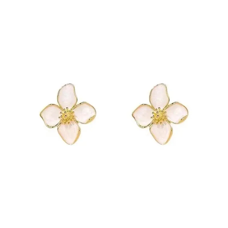 VAIGE Elegant White Enamel and Gold Floral Stud Earrings