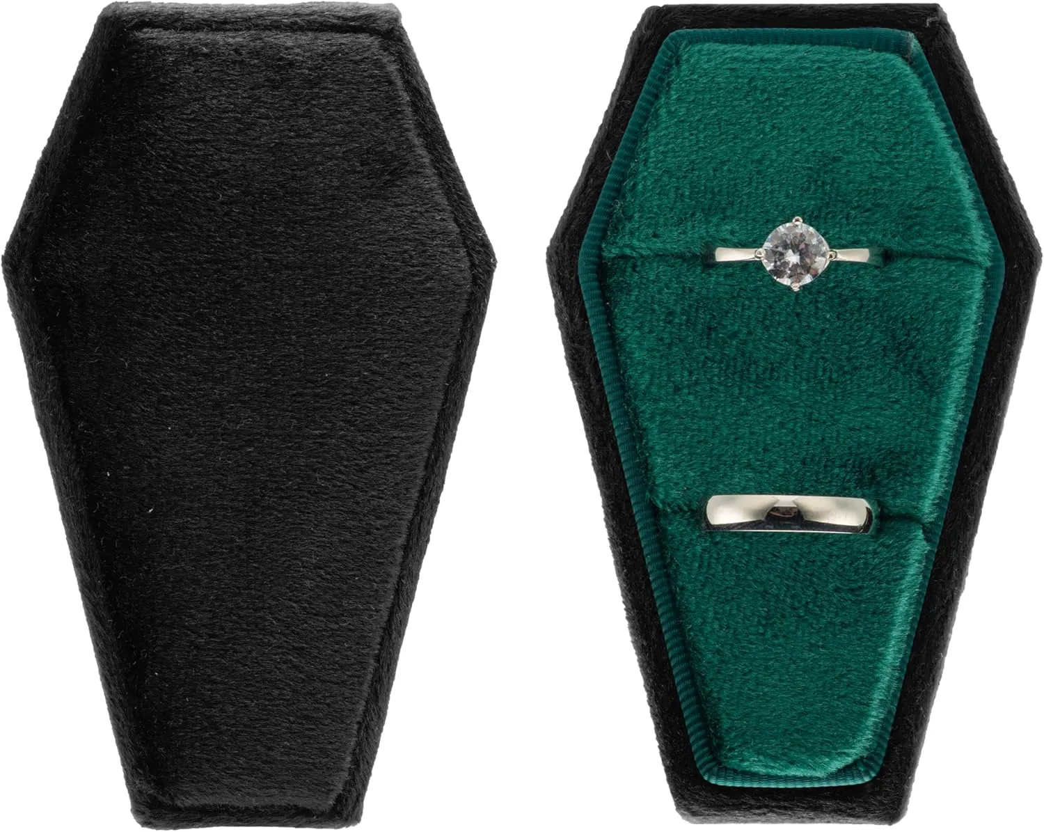 Velvet Coffin Ring Box Case Holder for Gothic Wedding Ceremony Jewelry Organizer Decorations (Black and Green)
