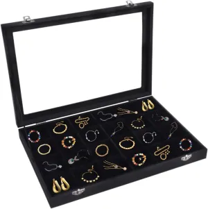 Velvet Jewelry Organizer Box with Clear Lid, 24-Grid Display Tray for Rings, Earrings, and Necklaces, Lockable & Compact Storage, Gift-Ready Case for Women and Girls