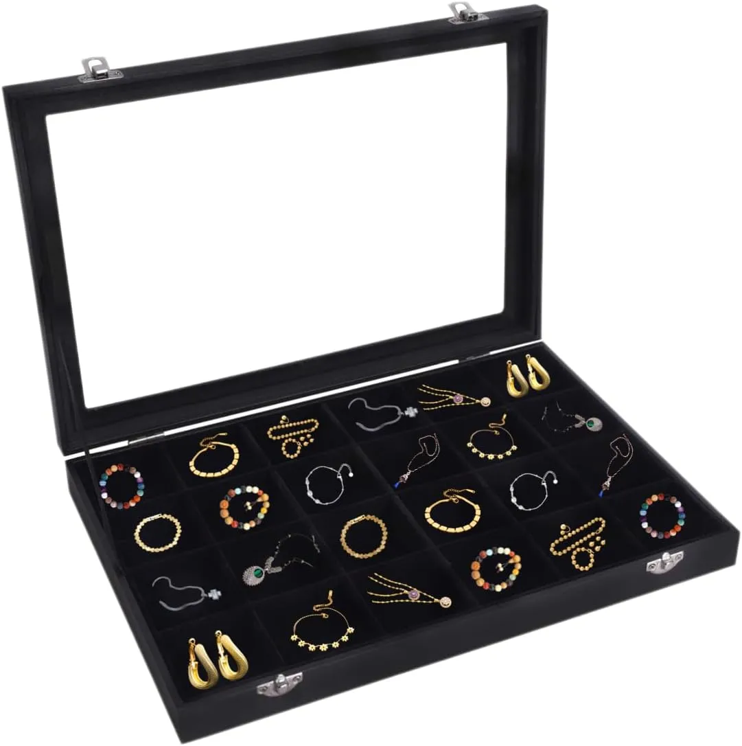 Velvet Jewelry Organizer Box with Clear Lid, 24-Grid Display Tray for Rings, Earrings, and Necklaces, Lockable & Compact Storage, Gift-Ready Case for Women and Girls