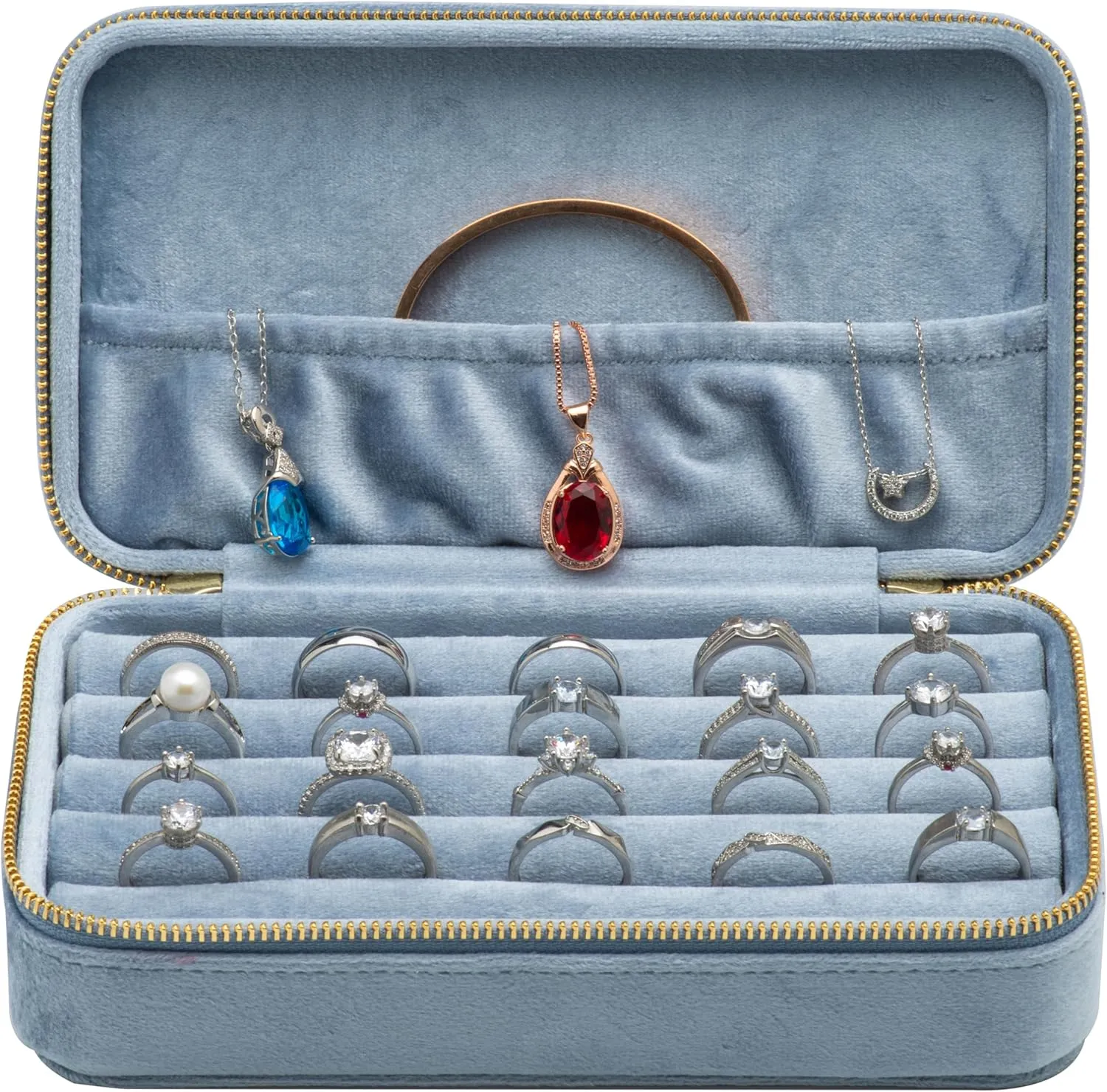 Velvet Multiple Ring Box Jewelry Organizer Display Tray with Zipper Around Earring Holder Case for Wedding Birthday (Light Ocean Blue)