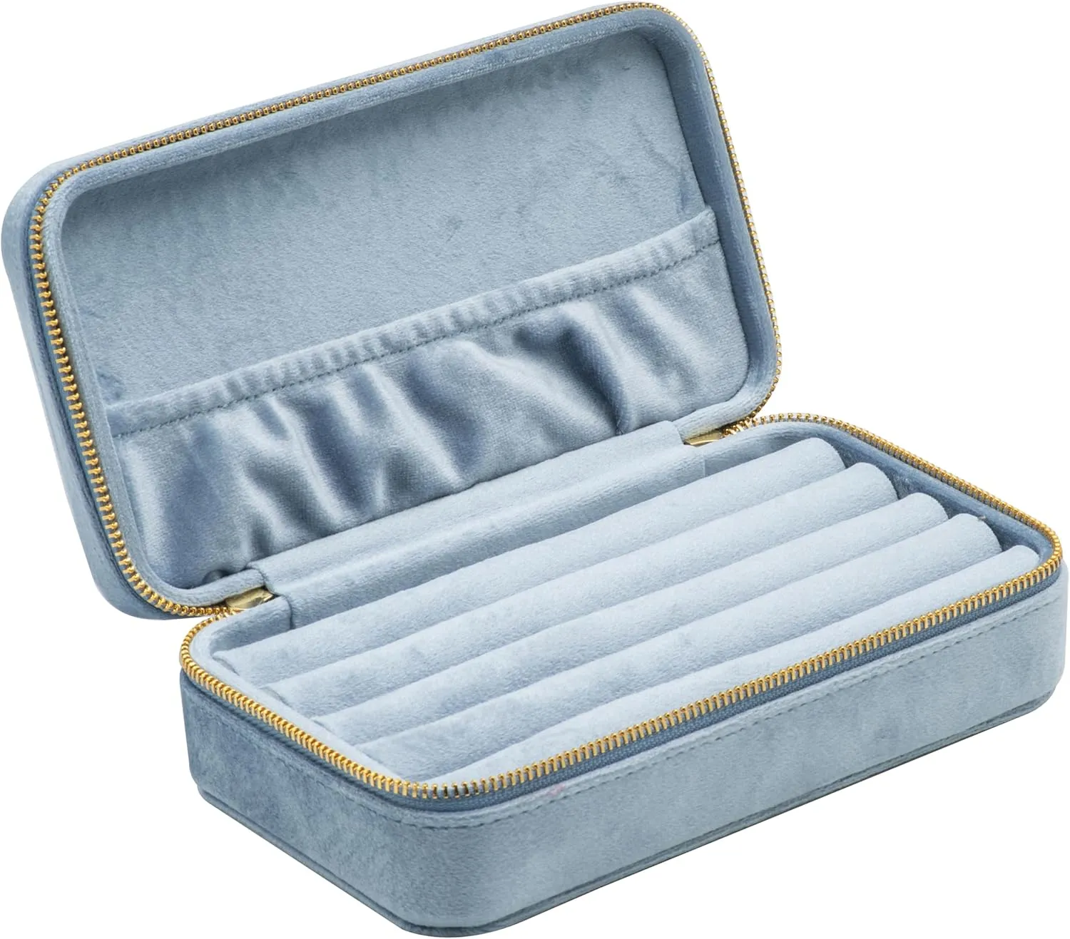 Velvet Multiple Ring Box Jewelry Organizer Display Tray with Zipper Around Earring Holder Case for Wedding Birthday (Light Ocean Blue)