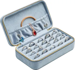 Velvet Multiple Ring Box Jewelry Organizer Display Tray with Zipper Around Earring Holder Case for Wedding Birthday (Light Ocean Blue)