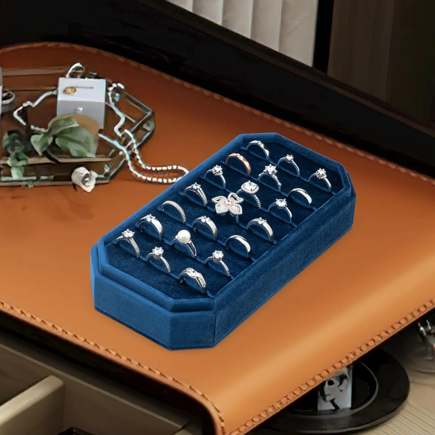 Velvet Ring Organizer Display Tray Jewelry Box Earring Holder Case for Wedding Birthday Christmas Day (Dark Blue)