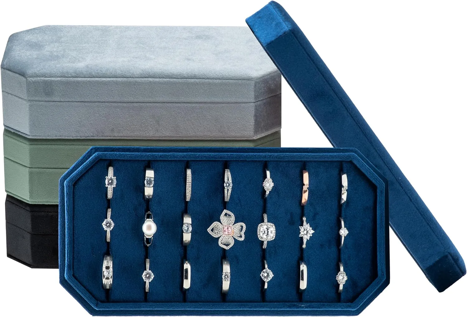 Velvet Ring Organizer Display Tray Jewelry Box Earring Holder Case for Wedding Birthday Christmas Day (Dark Blue)