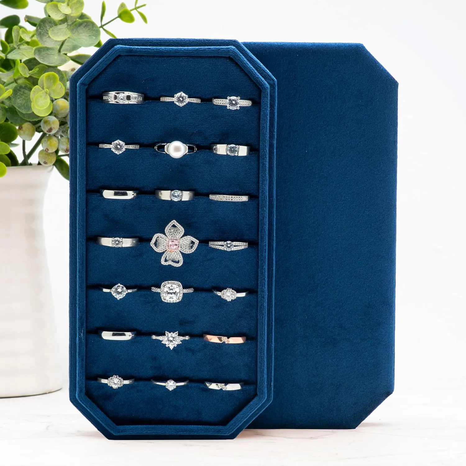 Velvet Ring Organizer Display Tray Jewelry Box Earring Holder Case for Wedding Birthday Christmas Day (Dark Blue)