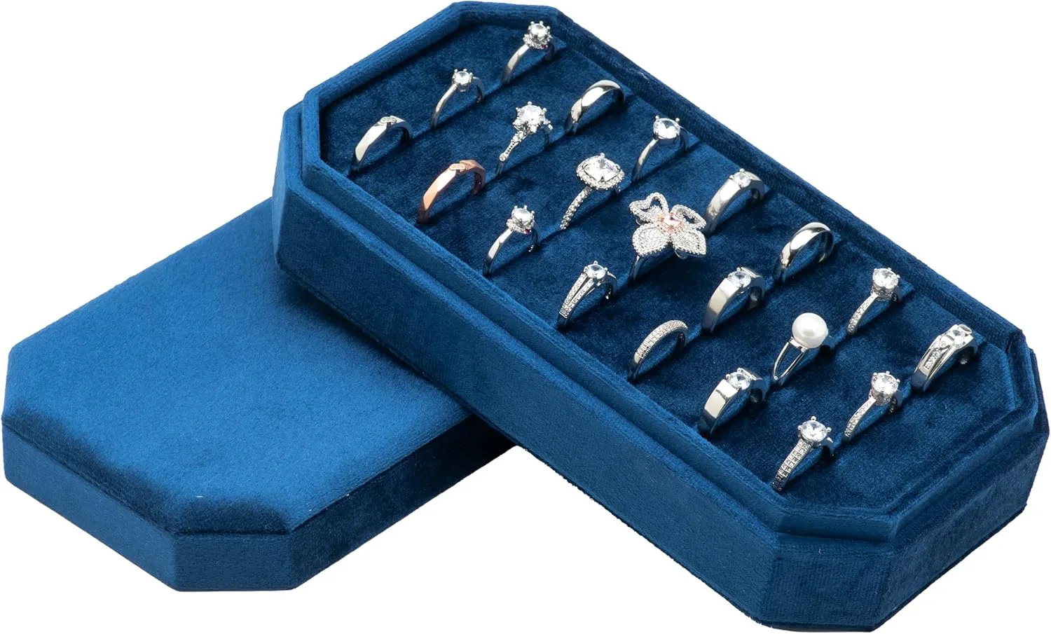 Velvet Ring Organizer Display Tray Jewelry Box Earring Holder Case for Wedding Birthday Christmas Day (Dark Blue)