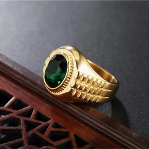 Vintage Blue Black Green Stone Wide Band Gear Rings For Men Gold Color Solid Titanium Stainless Steel Fashion Mens Jewelry Gift