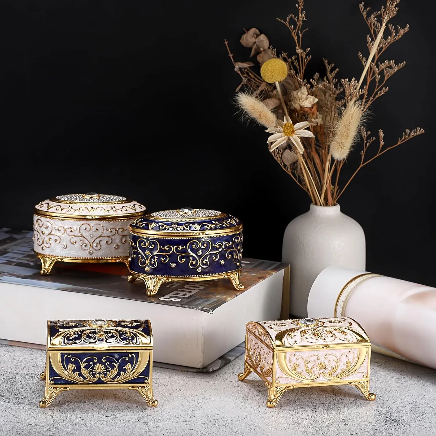 Vintage Jewelry Box Small Trinket Box - Oval Enamel Treasure Chest Box Metal Jewelry Box Golden Rings Earrings Holder Hand Painted Jewelry Keepsake Box Gift for Birthday, Christmas