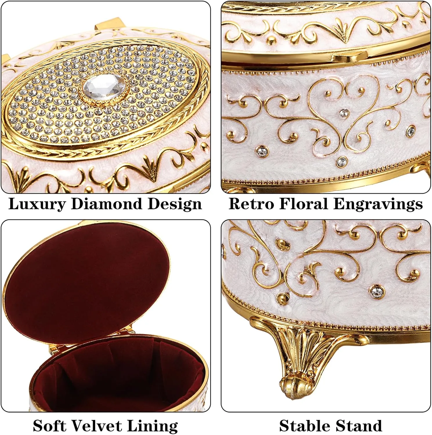Vintage Jewelry Box Small Trinket Box - Oval Enamel Treasure Chest Box Metal Jewelry Box Golden Rings Earrings Holder Hand Painted Jewelry Keepsake Box Gift for Birthday, Christmas