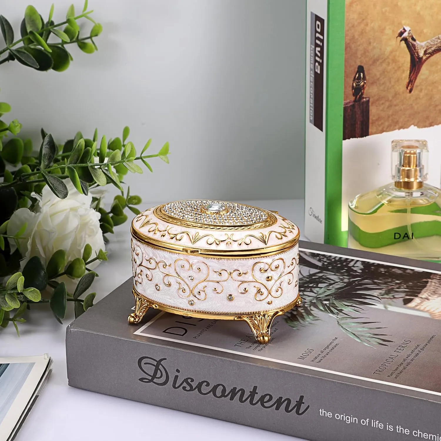 Vintage Jewelry Box Small Trinket Box - Oval Enamel Treasure Chest Box Metal Jewelry Box Golden Rings Earrings Holder Hand Painted Jewelry Keepsake Box Gift for Birthday, Christmas