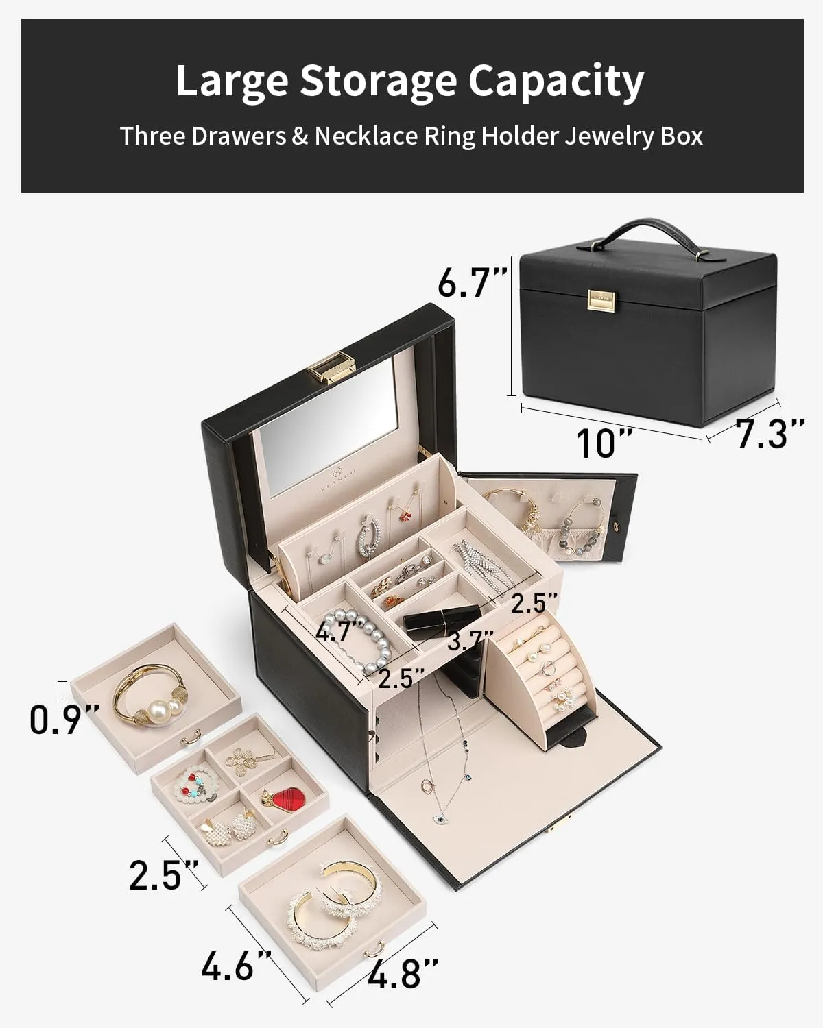 Vlando Jewelry Box Organizer for Girls Women, Large Baroque Jewelry Holder Organizer with Mirror, 3 Drawers for Bracelets, Earrings, Rings, Necklaces, Mothers Day Gifts for Loved One, Black