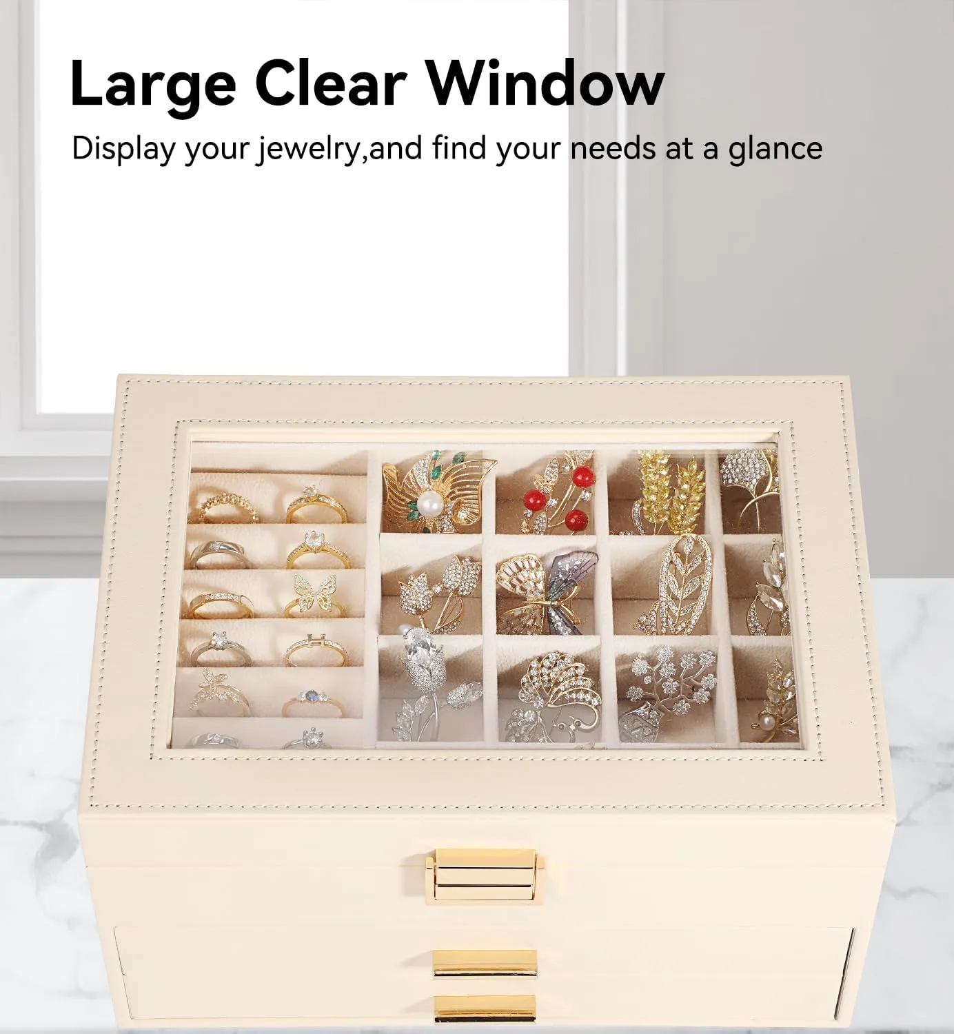 Voova Jewelry Box Organizer for Women Girls, 3 Layer PU Leather Jewelry Storage Case with Glass Lid & 2 Drawers, Large Jewellery Display Holder for Necklaces Rings Earrings Bracelets, Apricot