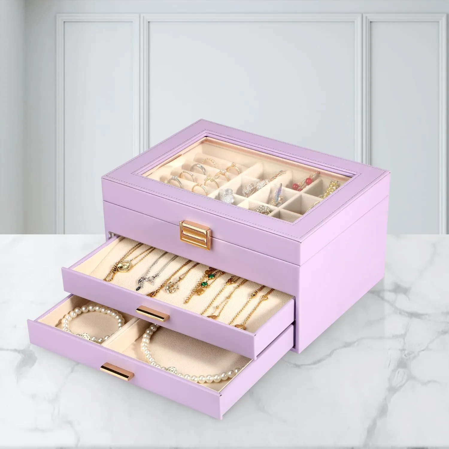 Voova Jewelry Box Organizer for Women Girls, 3 Layer PU Leather Jewelry Storage Case with Glass Lid & 2 Drawers, Large Jewellery Display Holder for Necklaces Rings Earrings Bracelets, Lavender