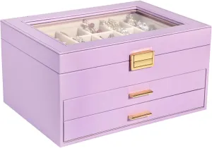 Voova Jewelry Box Organizer for Women Girls, 3 Layer PU Leather Jewelry Storage Case with Glass Lid & 2 Drawers, Large Jewellery Display Holder for Necklaces Rings Earrings Bracelets, Lavender