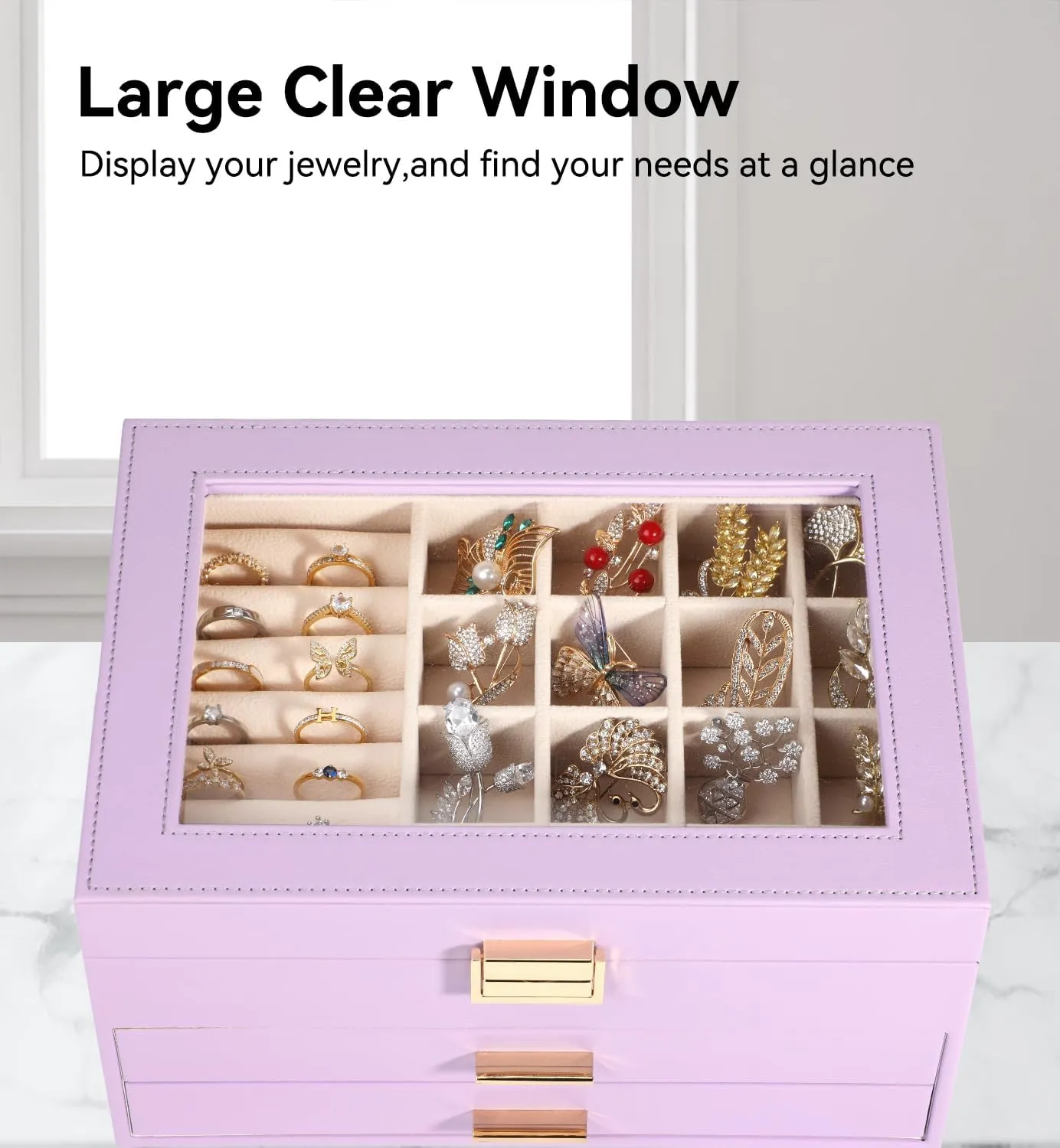 Voova Jewelry Box Organizer for Women Girls, 3 Layer PU Leather Jewelry Storage Case with Glass Lid & 2 Drawers, Large Jewellery Display Holder for Necklaces Rings Earrings Bracelets, Lavender