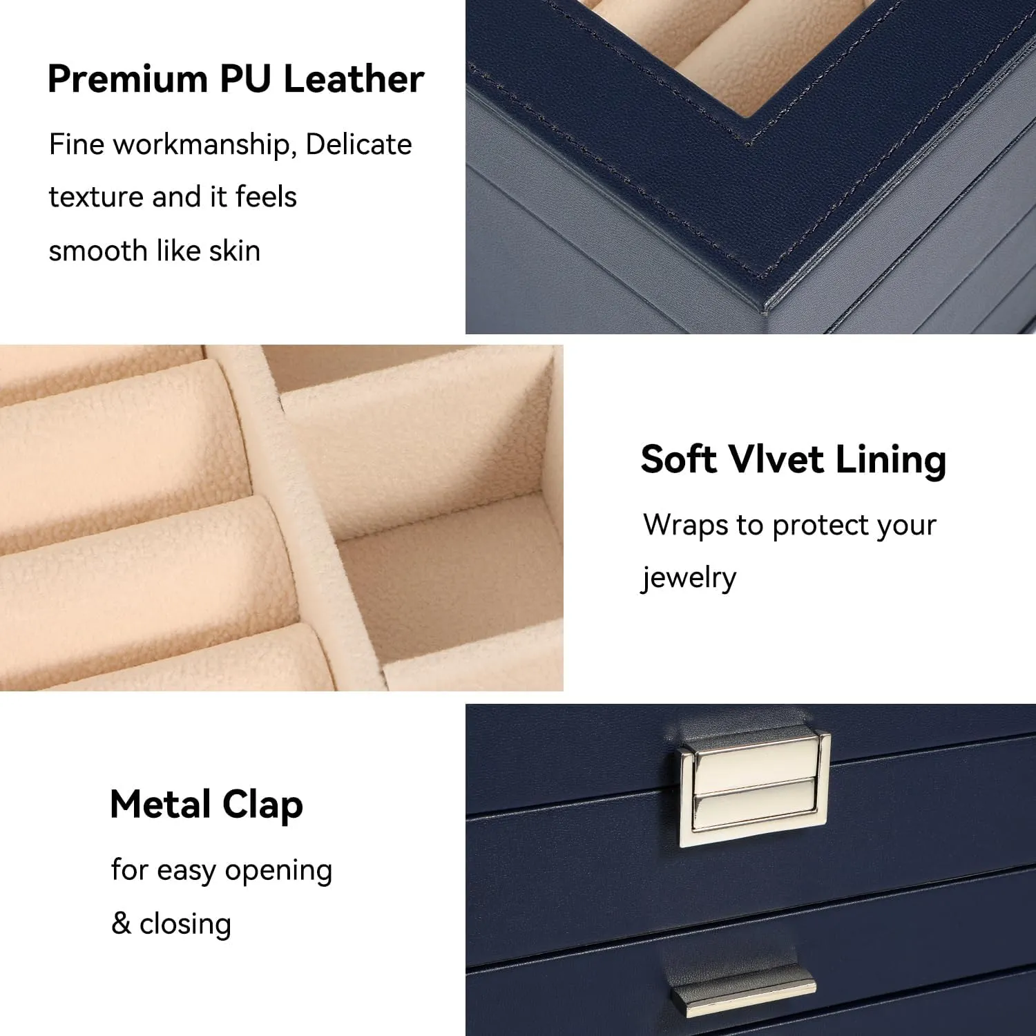 Voova Jewelry Box Organizer for Women Girls, 3 Layer PU Leather Jewelry Storage Case with Glass Lid & 2 Drawers, Large Jewellery Display Holder for Necklaces Rings Earrings Bracelets, Navy Blue