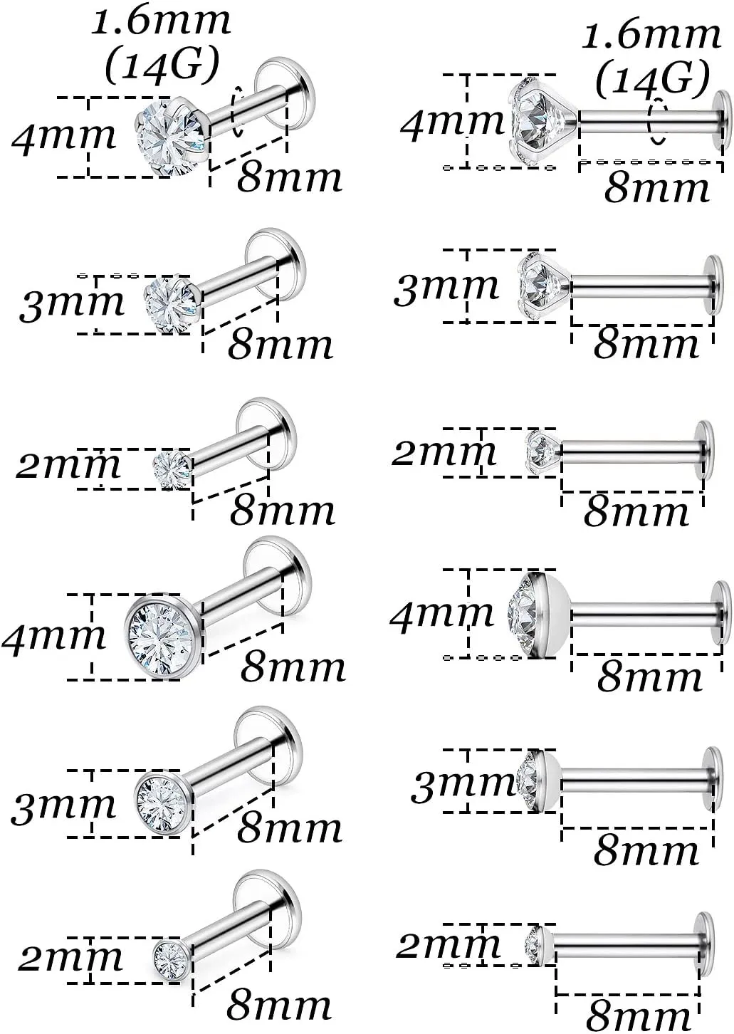 Vsnnsns 14G Lip Rings Stainless Steel Tragus Helix Conch Piercing Jewelry Snake Bite Piercing Monroe Lip Rings Labret Medusa Cartilage Lobe Earrings Piercing Jewelry Cubic Zirconia 2MM 3MM 4MM