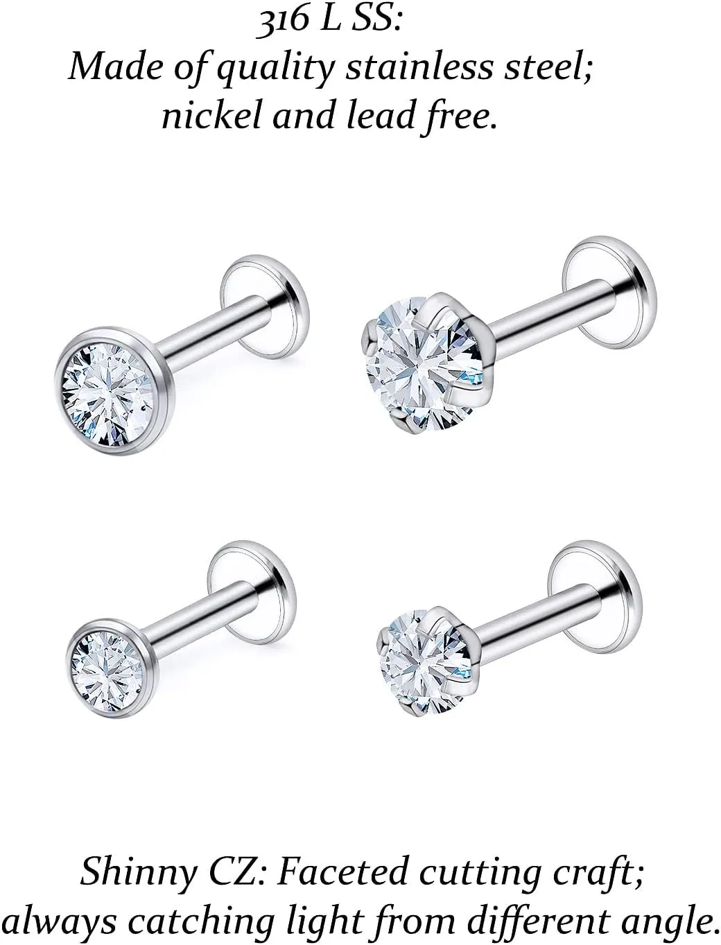 Vsnnsns 14G Lip Rings Stainless Steel Tragus Helix Conch Piercing Jewelry Snake Bite Piercing Monroe Lip Rings Labret Medusa Cartilage Lobe Earrings Piercing Jewelry Cubic Zirconia 2MM 3MM 4MM