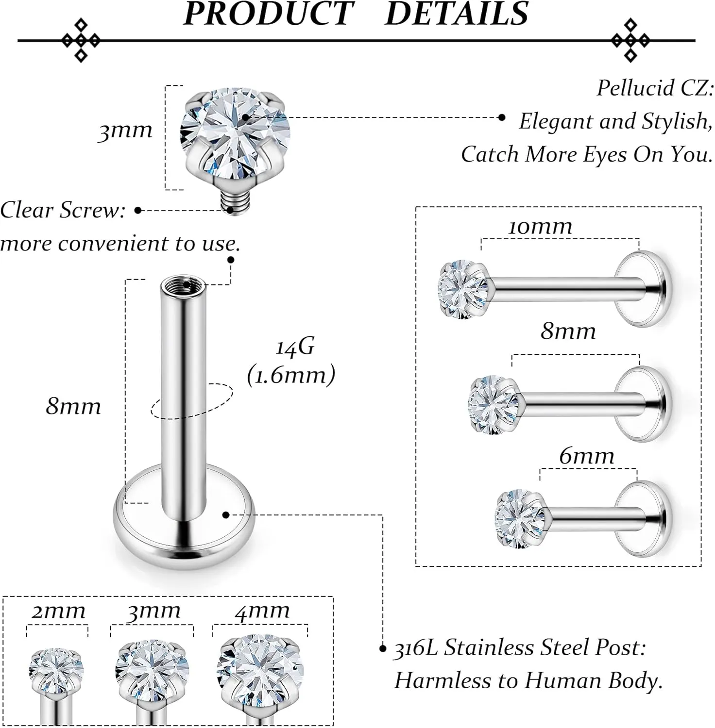 Vsnnsns 14G Lip Rings Stainless Steel Tragus Helix Conch Piercing Jewelry Snake Bite Piercing Monroe Lip Rings Labret Medusa Cartilage Lobe Earrings Studs Piercing Jewelry 6MM 8MM 10MM Silver 18PCS
