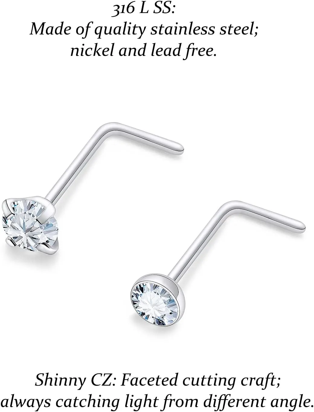 Vsnnsns 14K Gold Filled 18G 20G 22G Nose Rings Studs Piercing Jewelry for Women 316L Stainless Surgical Steel L Shaped Corkscrew Bone Nose Ring Studs Nostril Piercings Jewelry Diamond CZ Silver Gold