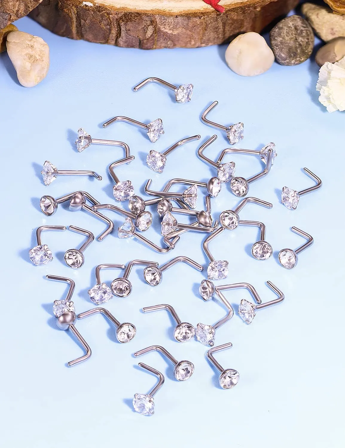 Vsnnsns 14K Gold Filled 18G 20G 22G Nose Rings Studs Piercing Jewelry for Women 316L Stainless Surgical Steel L Shaped Corkscrew Bone Nose Ring Studs Nostril Piercings Jewelry Diamond CZ Silver Gold