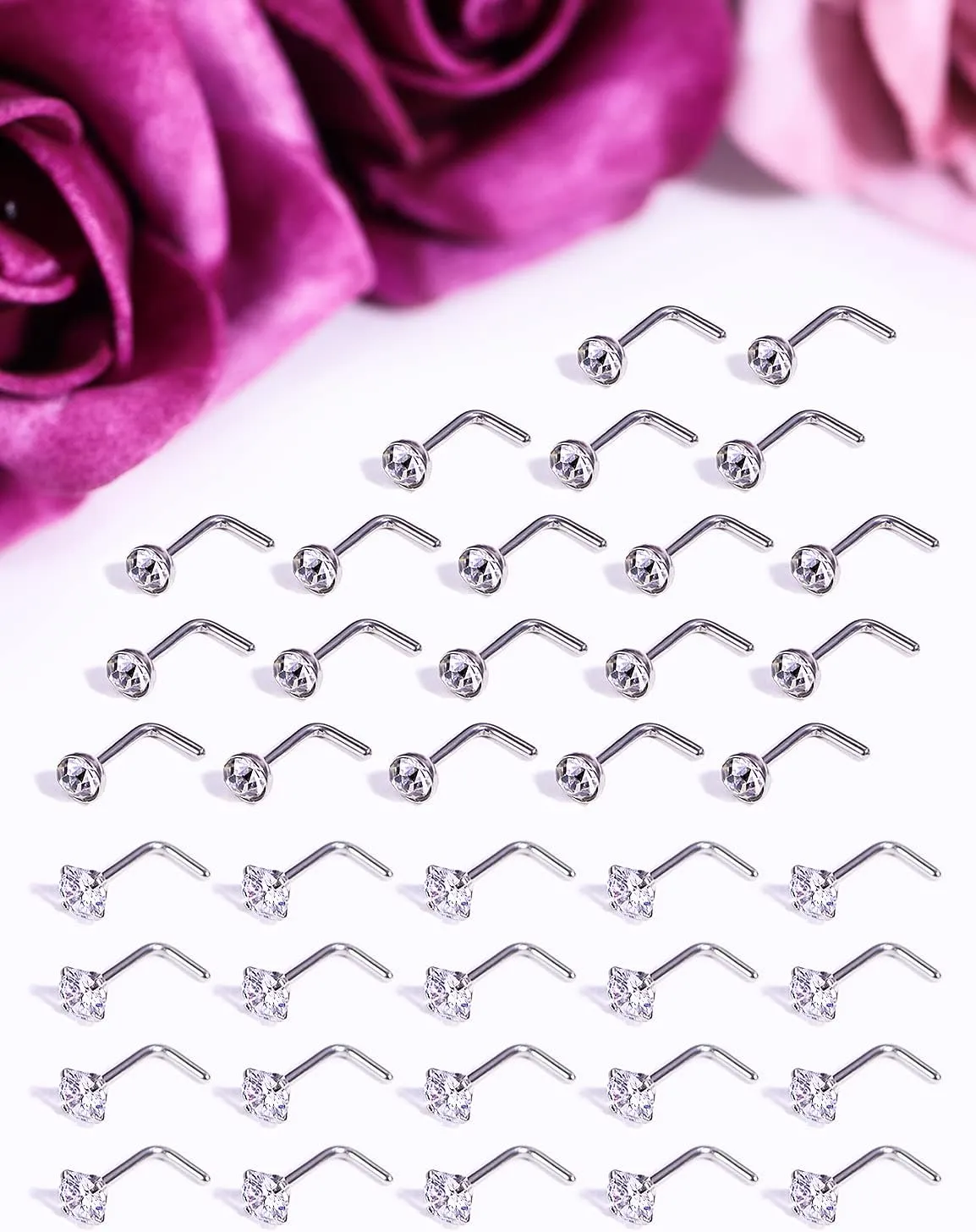 Vsnnsns 14K Gold Filled 18G 20G 22G Nose Rings Studs Piercing Jewelry for Women 316L Stainless Surgical Steel L Shaped Corkscrew Bone Nose Ring Studs Nostril Piercings Jewelry Diamond CZ Silver Gold