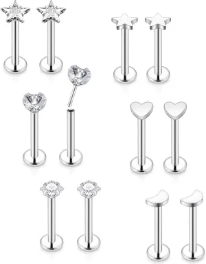 Vsnnsns 16G 18G 20G Threadless Push in Lip Rings Stainless Steel Flat Back Nose Rings Studs Earrings Tragus Helix Conch Cartilage Lobe Earrings Stud Piercing Jewelry for Women Men 6 Pairs