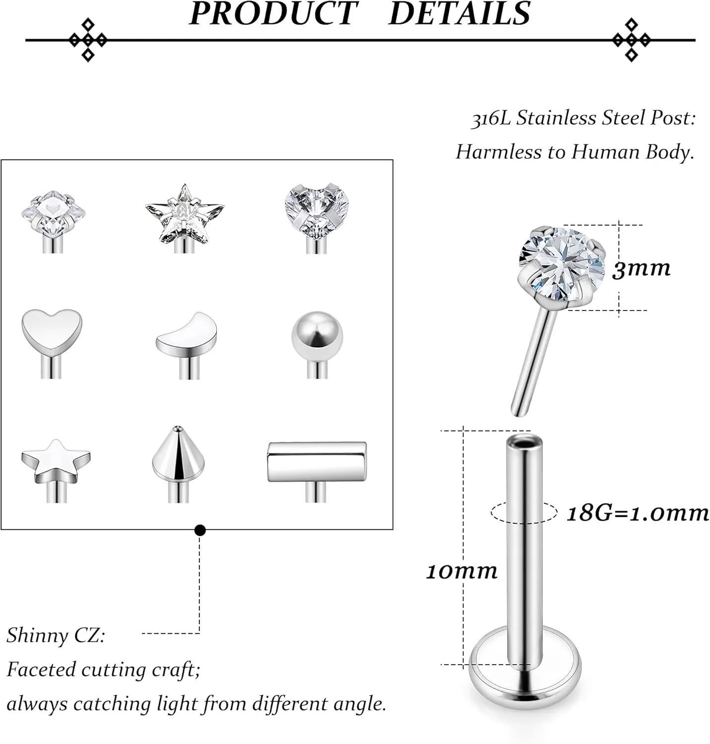 Vsnnsns 16G 18G 20G Threadless Push in Lip Rings Stainless Steel Flat Back Nose Rings Studs Earrings Tragus Helix Conch Cartilage Lobe Earrings Stud Piercing Jewelry for Women Men CZ 20Pcs