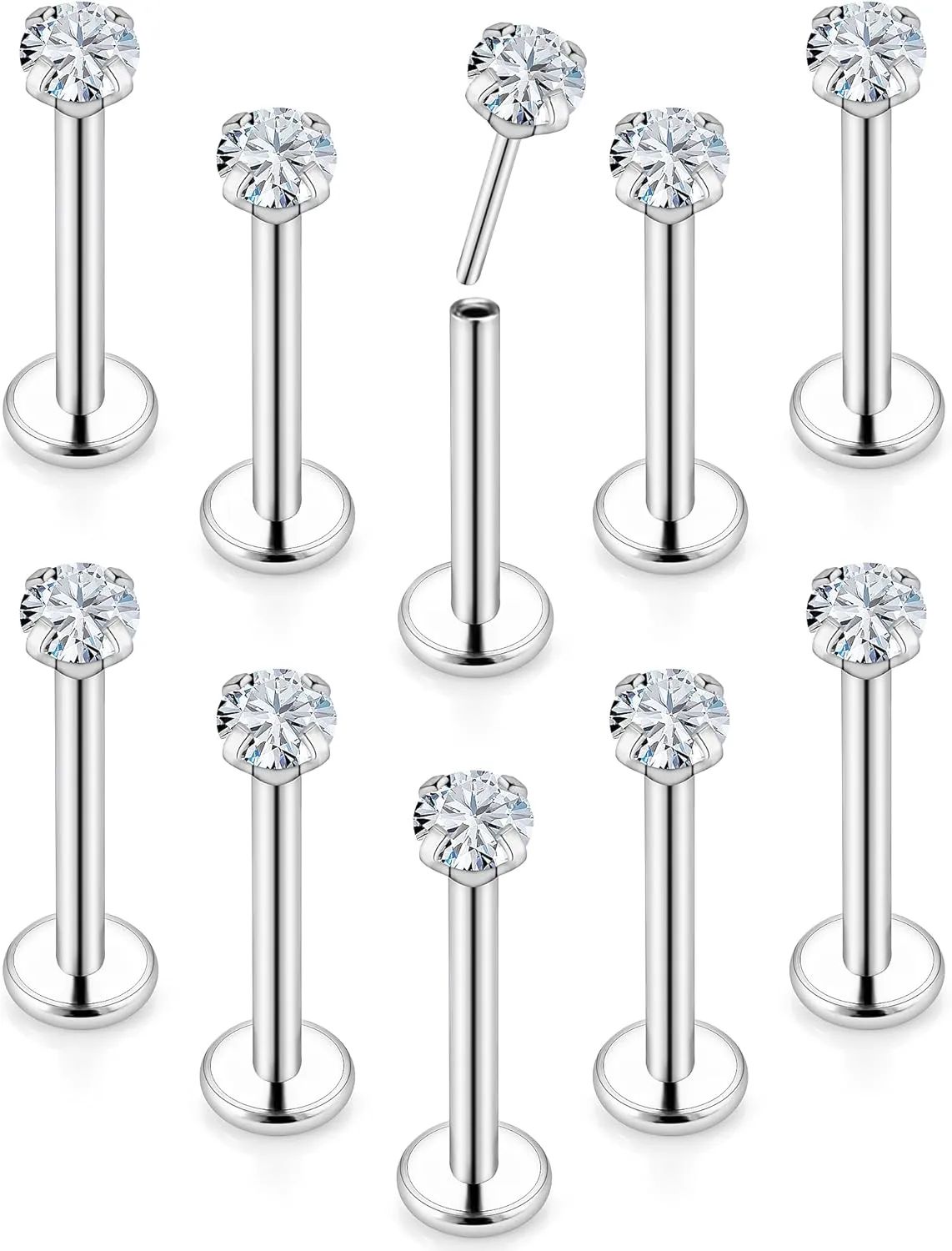 Vsnnsns 16G 18G 20G Threadless Push in Lip Rings Stainless Steel Flat Back Nose Rings Studs Earrings Tragus Helix Conch Cartilage Lobe Earrings Stud Piercing Jewelry for Women Men Diamond CZ Silver