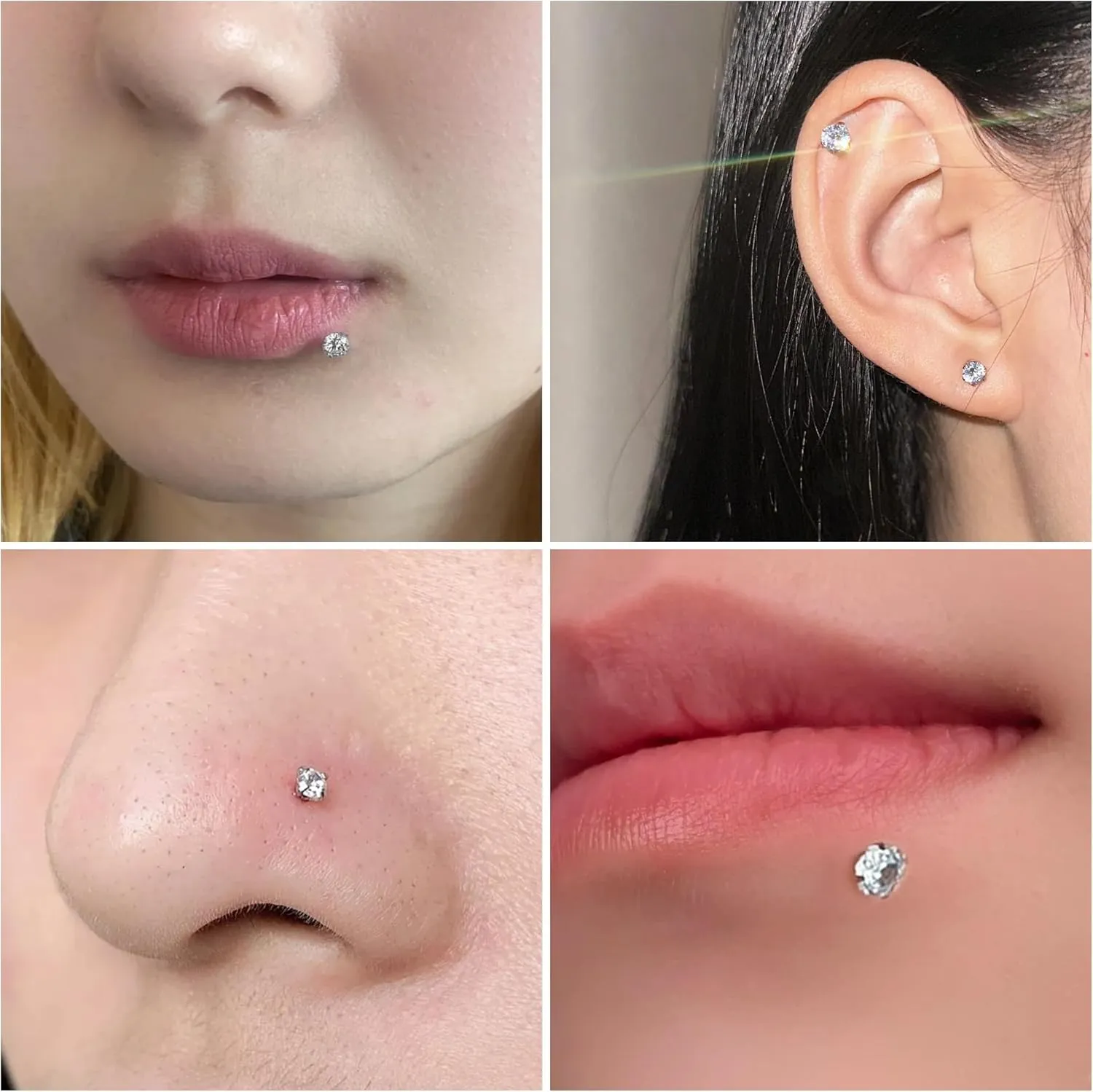 Vsnnsns 16G 18G 20G Threadless Push in Lip Rings Stainless Steel Flat Back Nose Rings Studs Earrings Tragus Helix Conch Cartilage Lobe Earrings Stud Piercing Jewelry for Women Men Diamond CZ Silver