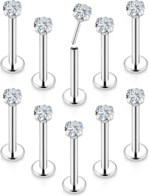 Vsnnsns 16G 18G 20G Threadless Push in Lip Rings Stainless Steel Flat Back Nose Rings Studs Earrings Tragus Helix Conch Cartilage Lobe Earrings Stud Piercing Jewelry for Women Men Diamond CZ Silver