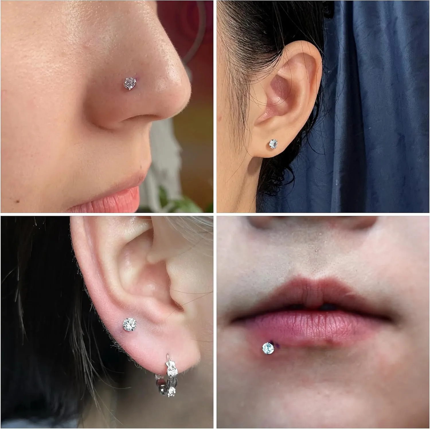 Vsnnsns 16G 18G 20G Threadless Push in Lip Rings Stainless Steel Flat Back Nose Rings Studs Earrings Tragus Helix Conch Cartilage Lobe Earrings Stud Piercing Jewelry for Women Men Diamond CZ Silver