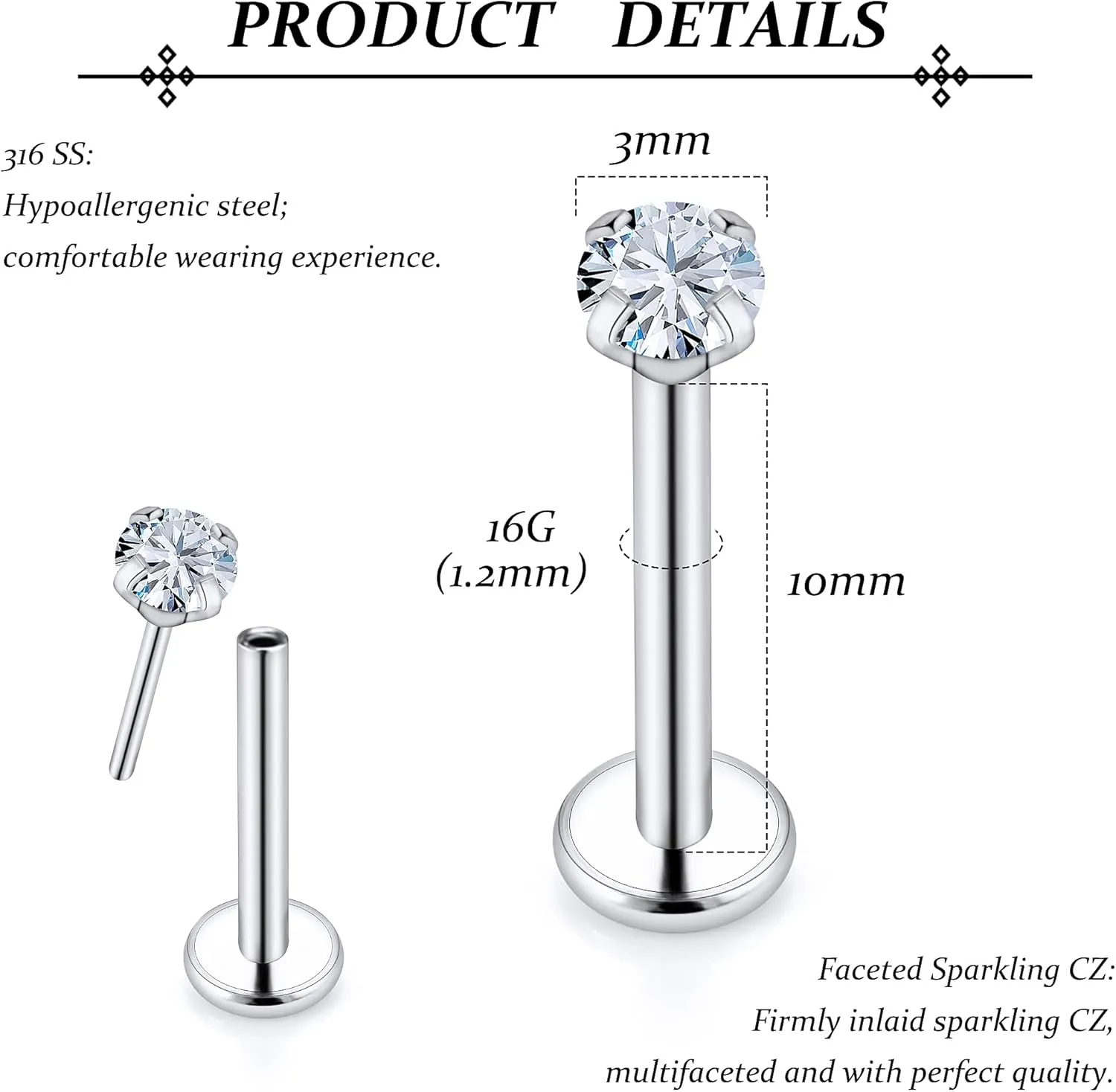 Vsnnsns 16G 18G 20G Threadless Push in Lip Rings Stainless Steel Flat Back Nose Rings Studs Earrings Tragus Helix Conch Cartilage Lobe Earrings Stud Piercing Jewelry for Women Men Diamond CZ Silver